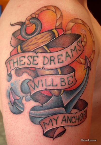 Colorful Ripped Skin Anchor With Banner Tattoo On Right Shoulder