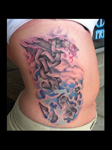 Colorful Ripped Skin Anchor With Chain Tattoo On Right Side Rib