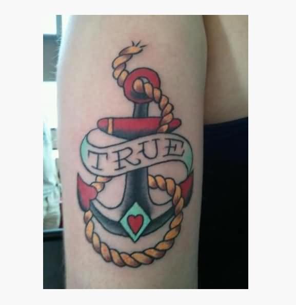 Colorful Traditional Anchor And Banner Tattoo On Right Half Sleeve