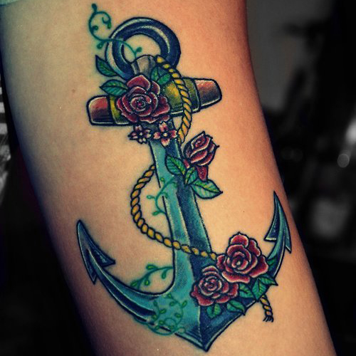 Colorful Traditional Anchor Cross With Roses Tattoo Design For Sleeve