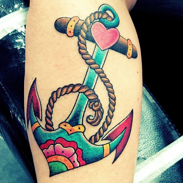 Colorful Traditional Anchor Tattoo Design For Leg Calf