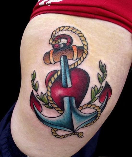Colorful Traditional Anchor Tattoo Design For Side Rib