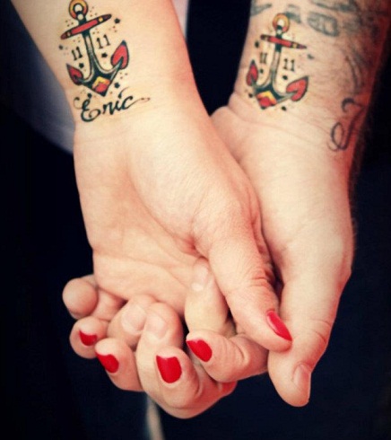 Colorful Traditional Anchor Tattoo On Couple Left Wrist