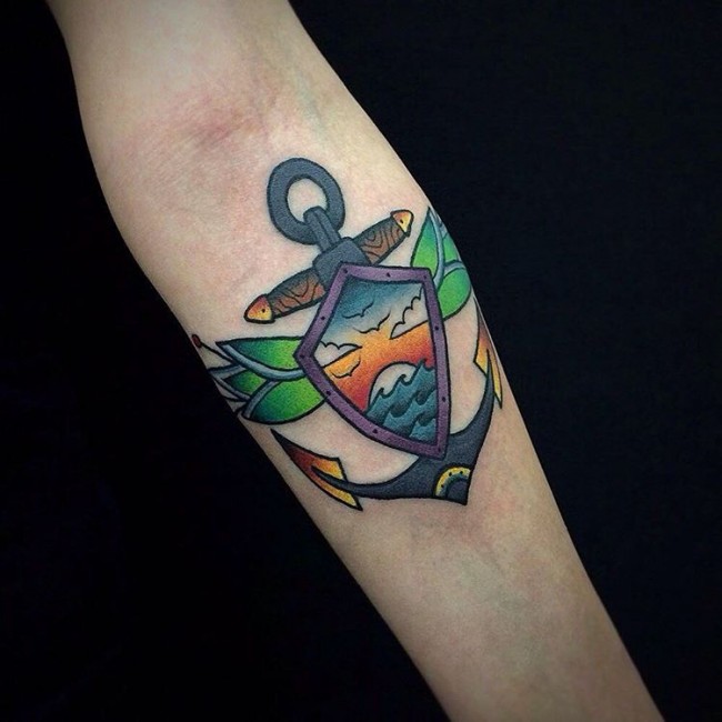 Colorful Traditional Anchor Tattoo On Forearm