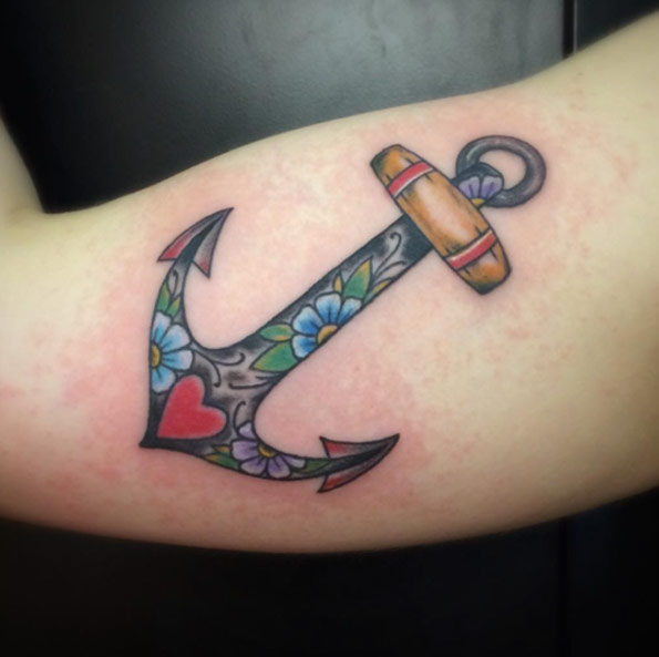 Colorful Traditional Anchor Tattoo On Left Half Sleeve