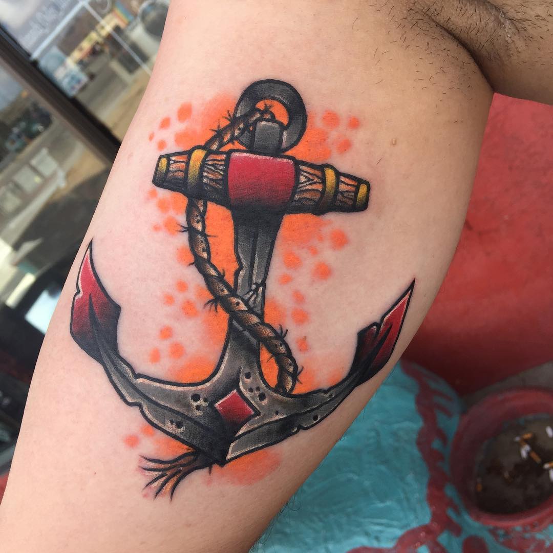 Colorful Traditional Anchor Tattoo On Man Bicep