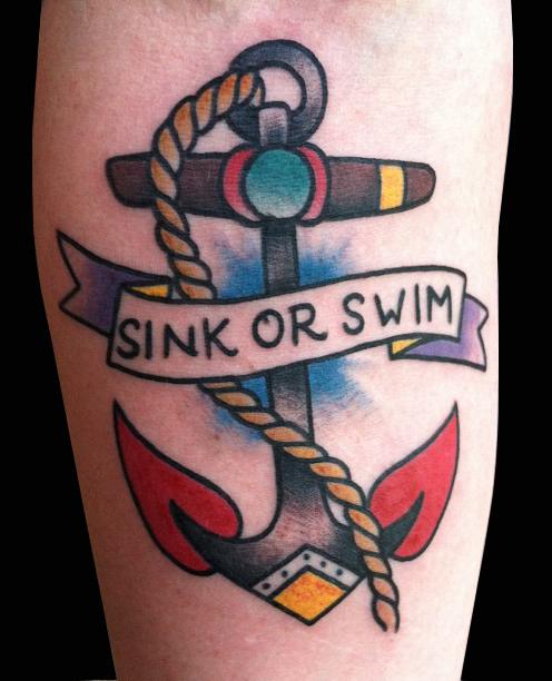 Colorful Traditional Anchor With Banner Tattoo Design For Forearm