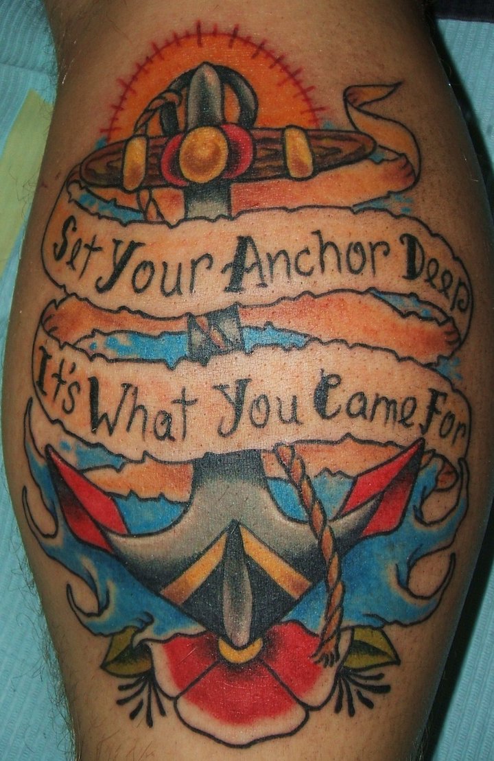 Colorful Traditional Anchor With Banner Tattoo Design For Leg Calf