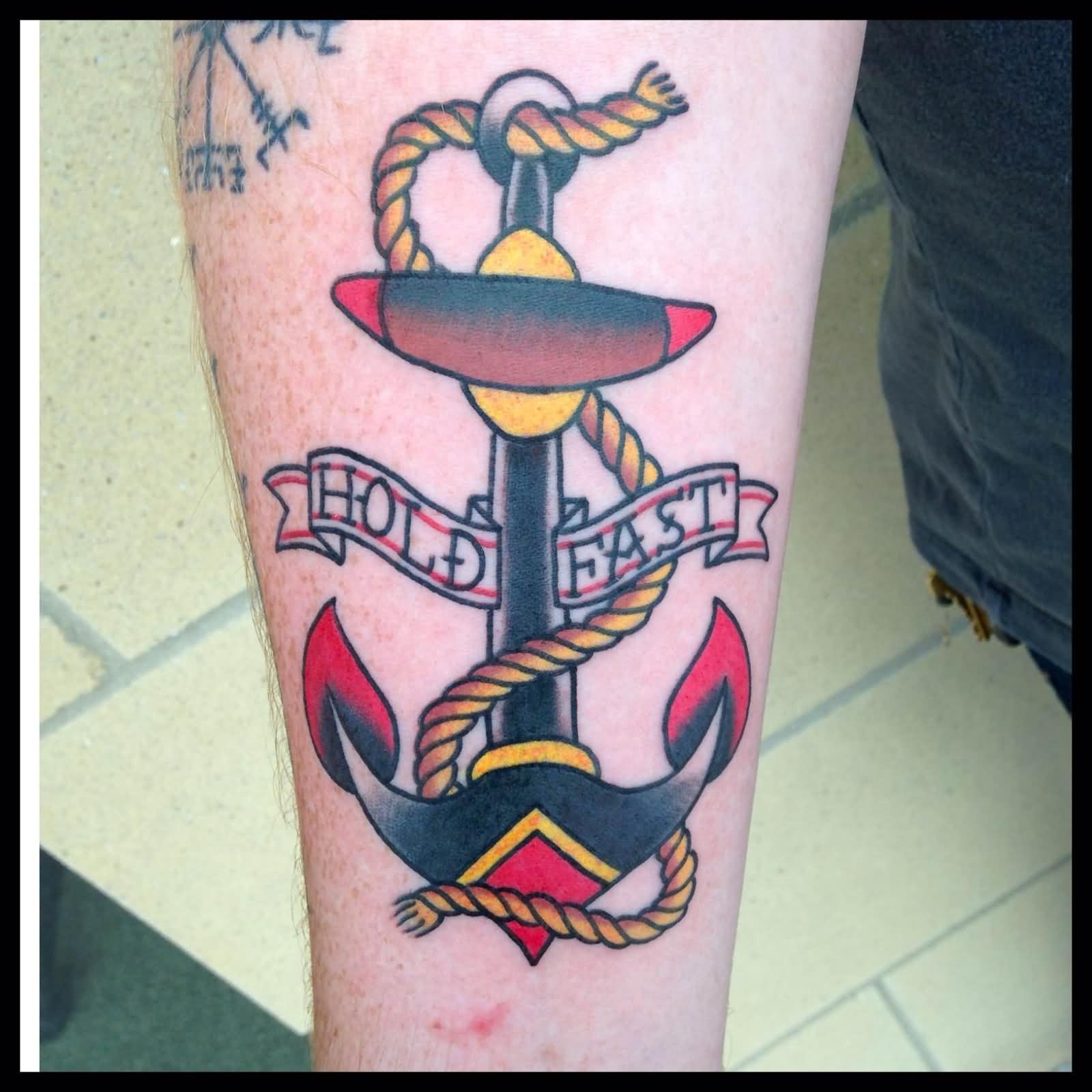 Colorful Traditional Anchor With Banner Tattoo Design For Sleeve