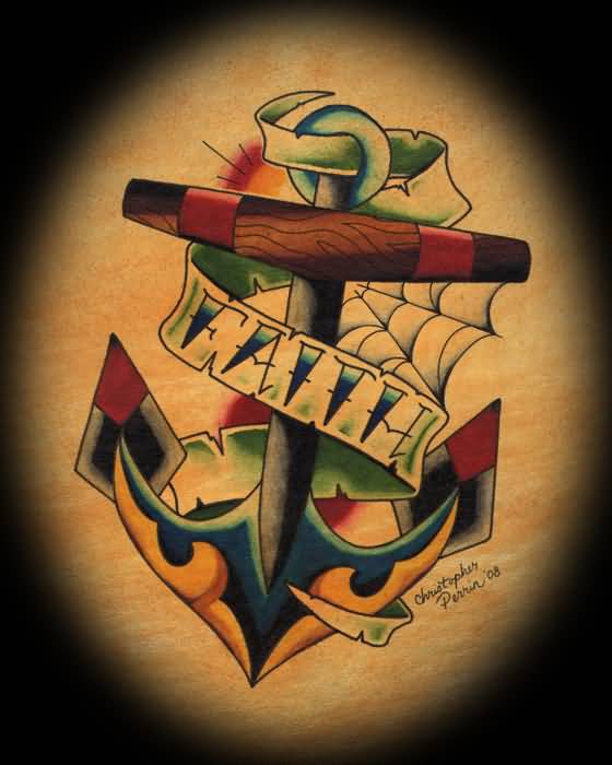 Colorful Traditional Anchor With Banner Tattoo Design