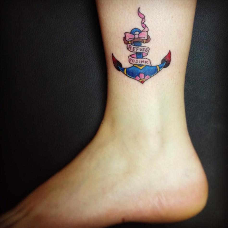 Colorful Traditional Anchor With Banner Tattoo On Left Foot Ankle