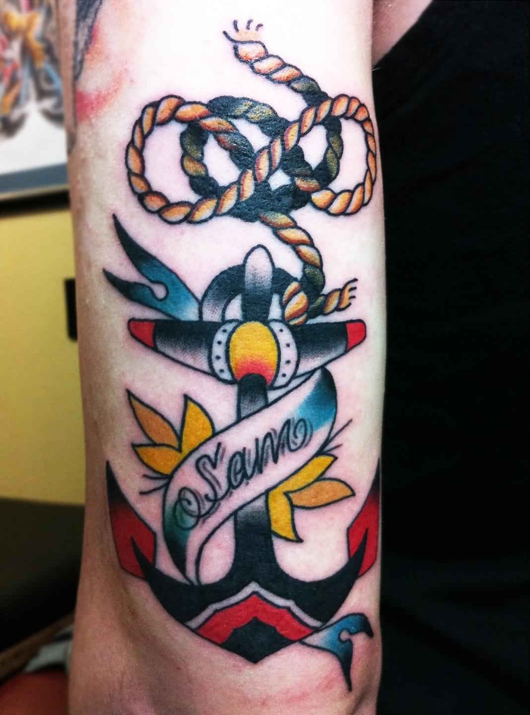 Colorful Traditional Anchor With Banner Tattoo On Left Half Sleeve