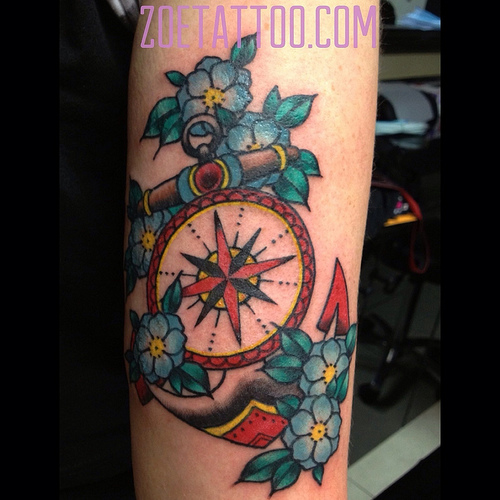 Colorful Traditional Anchor With Compass And Flowers Tattoo Design For Sleeve