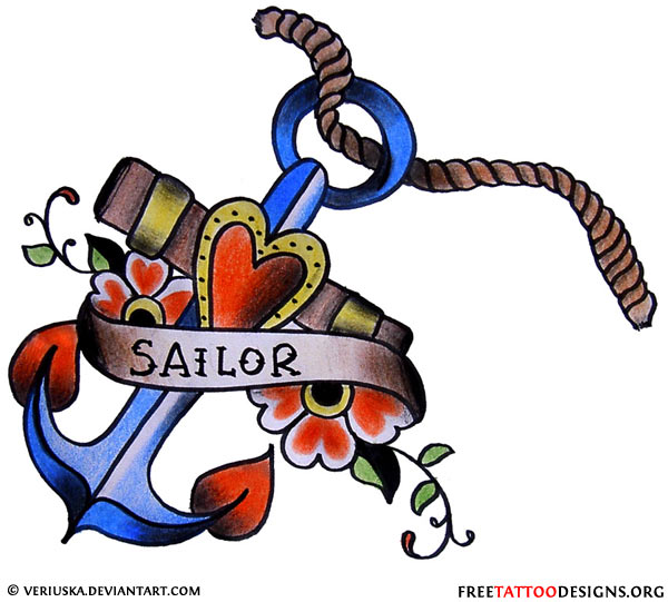 Colorful Traditional Anchor With Flowers And Banner Tattoo Design