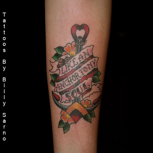 Colorful Traditional Anchor With Flowers And Banner Tattoo On Right Forearm