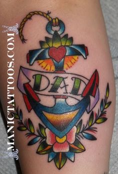 Colorful Traditional Anchor With Flowers And Dad Banner Tattoo Design For Sleeve