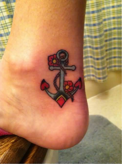 Colorful Traditional Anchor With Flowers Tattoo On Left Ankle By Aiko Vampire