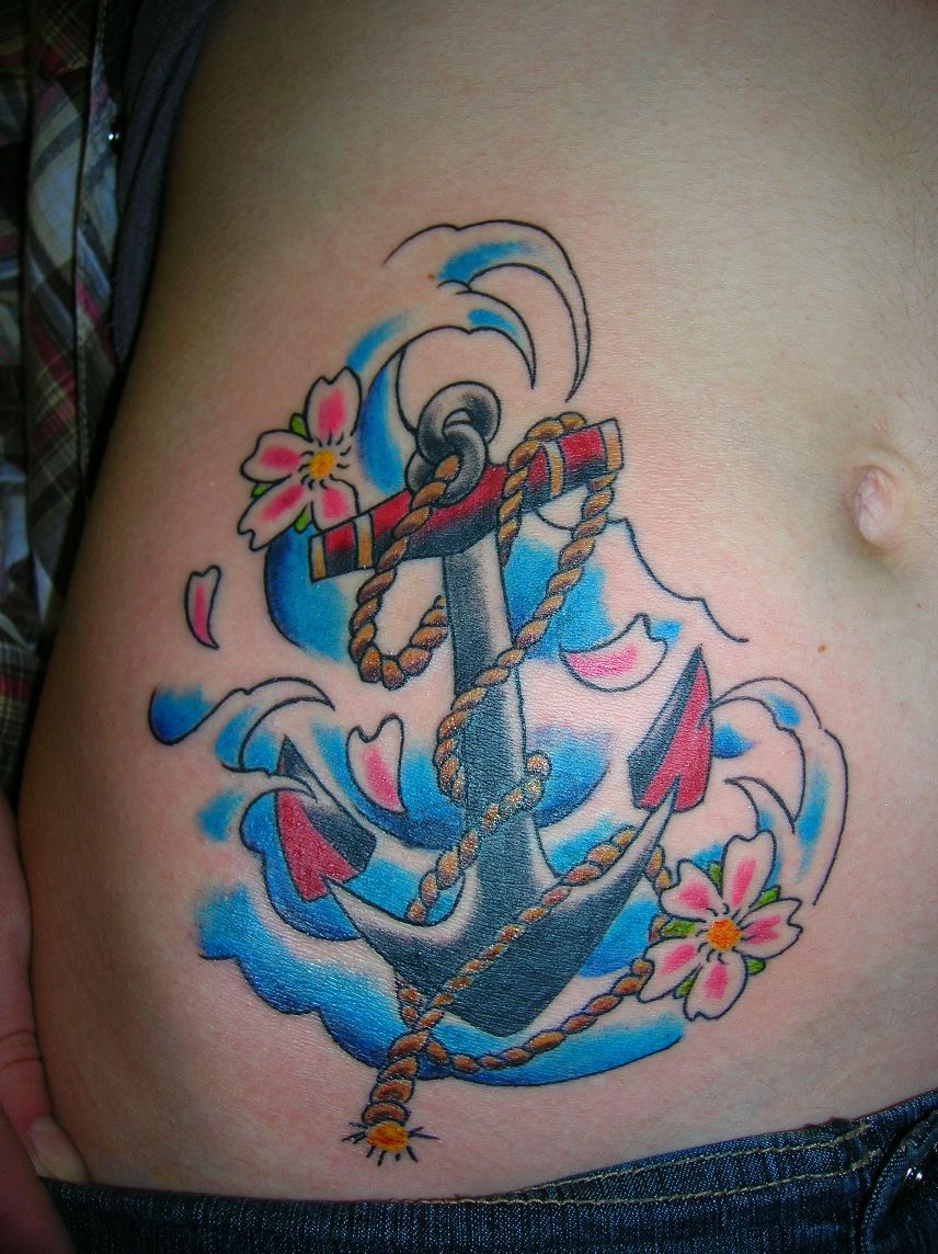 Colorful Traditional Anchor With Flowers Tattoo On Right Hip By Mutinytattoo