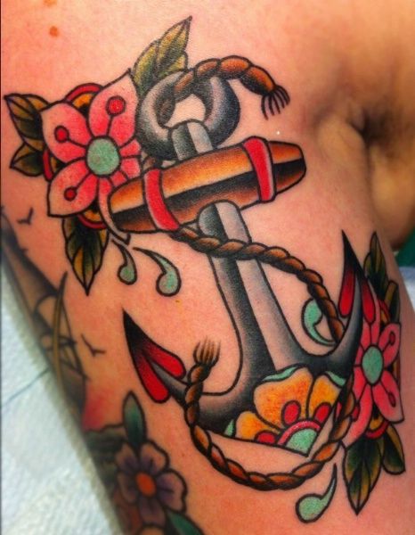 Colorful Traditional Anchor With Flowers Tattoo On Right Shoulder