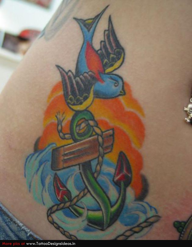 Colorful Traditional Anchor With Flying Bird Tattoo On Right Hip