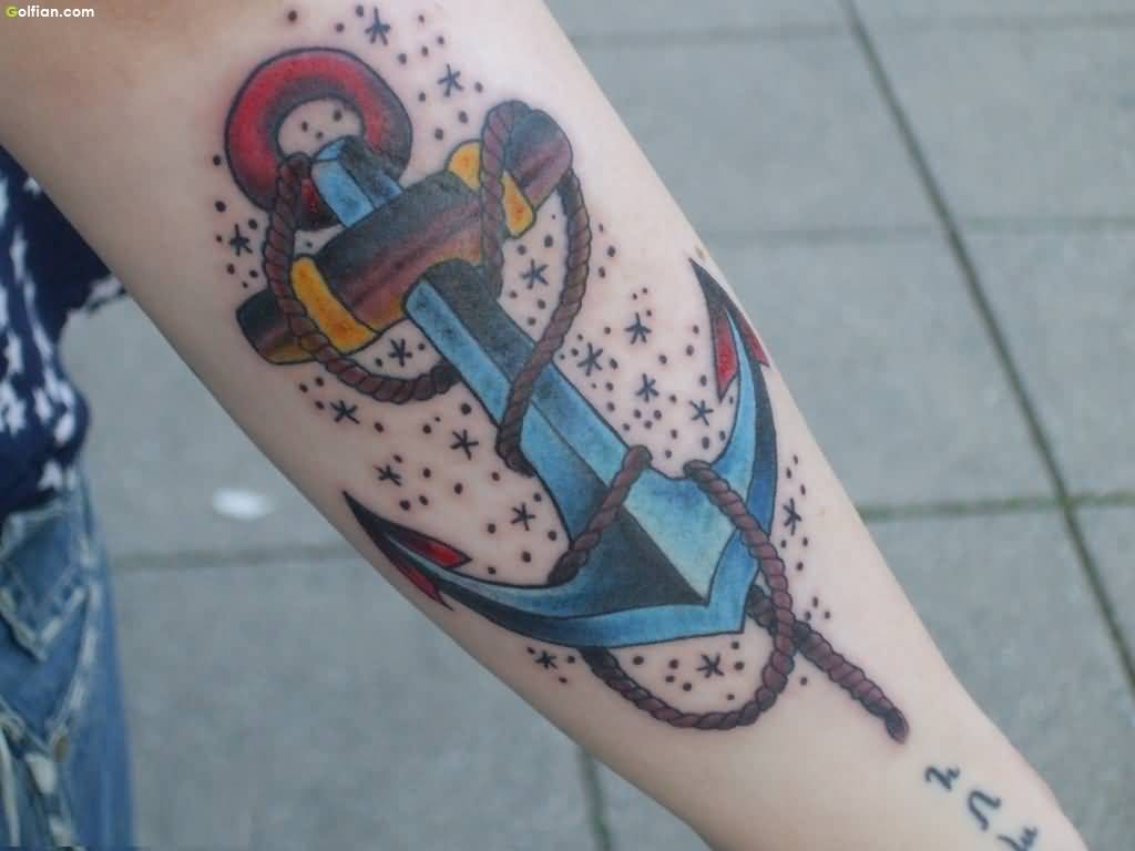 Colorful Traditional Anchor With Rope Tattoo Design For Girl Sleeve