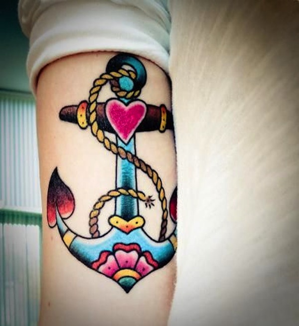 Colorful Traditional Anchor With Rope Tattoo Design For Sleeve