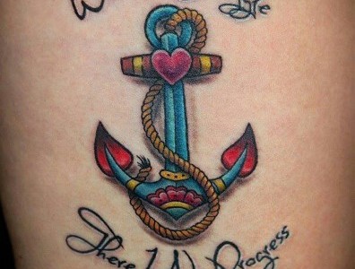 Colorful Traditional Anchor With Rope Tattoo Design