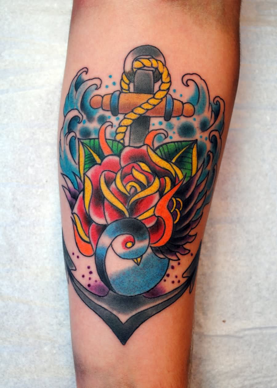 Colorful Traditional Anchor With Rose And Bird Tattoo Design For Arm