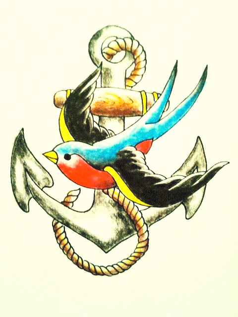 Colorful Traditional Flying Bird With Anchor Tattoo Design By Jessicore666