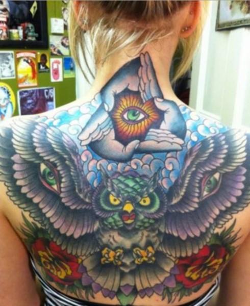 Colorful Traditional Flying Owl With Roses Tattoo On Girl Upper Back