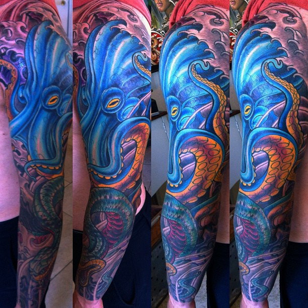Colorful Traditional Japanese Octopus Tattoo Left Full Sleeve