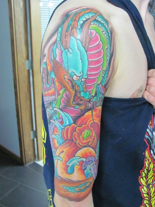 Colorful Traditional Japanese Octopus With Dragon Tattoo On Man Right Half Sleeve By Kirksheppard