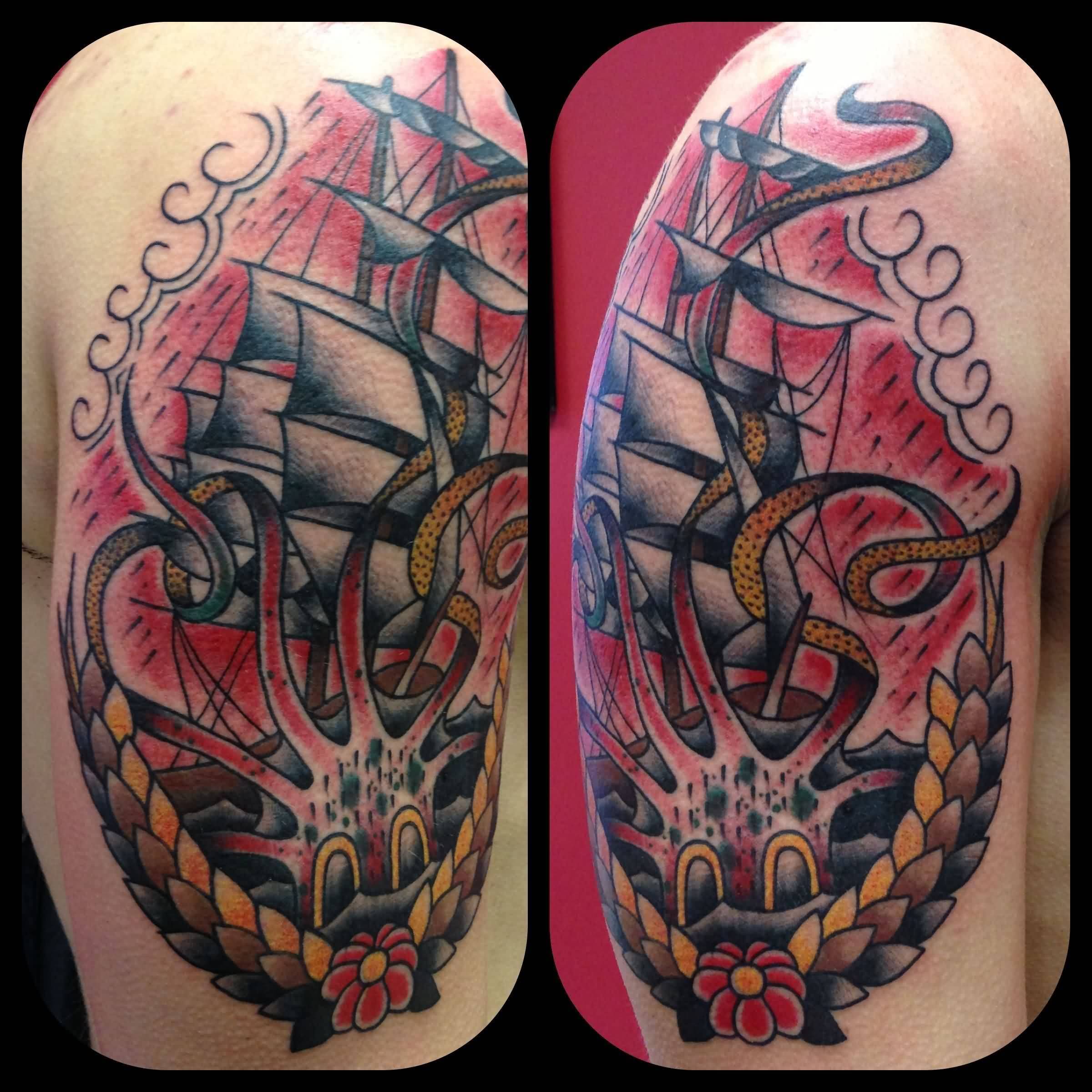 Colorful Traditional Octopus With Ship Tattoo On Right Shoulder