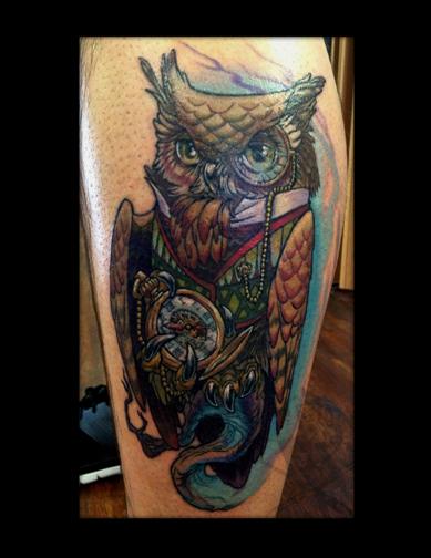 Colorful Traditional Owl With Pocket Watch Tattoo Design For Leg Calf