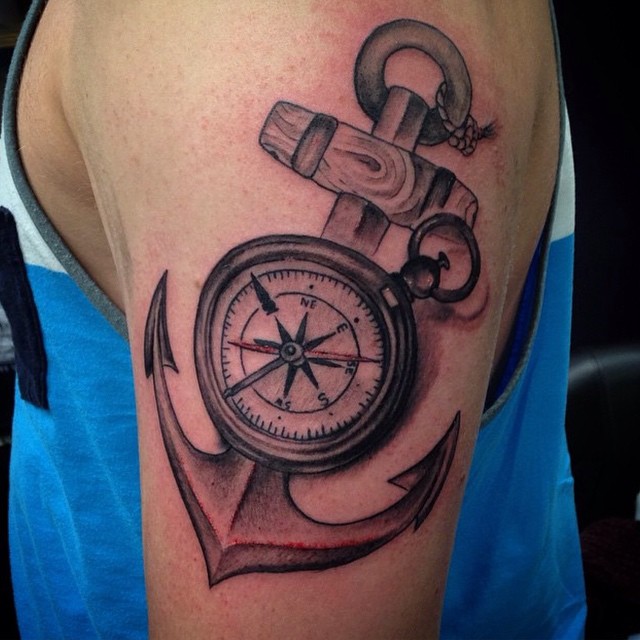 Cool 3D Anchor With Compass Tattoo On Left Half Sleeve