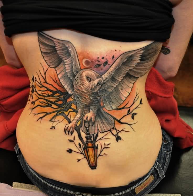 Cool 3D Flying Owl With Tree Tattoo Design For Lower Back By Cristina Garcia