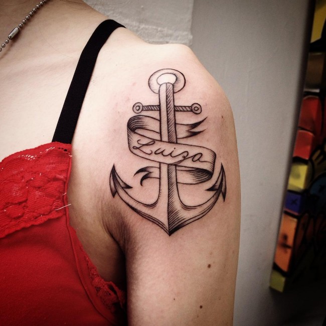 Cool Anchor With Banner Tattoo On Girl Left Shoulder