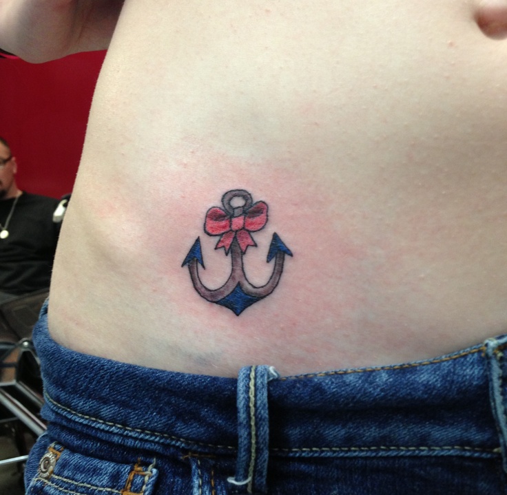 Cool Anchor With Bow Tattoo On Girl Waist