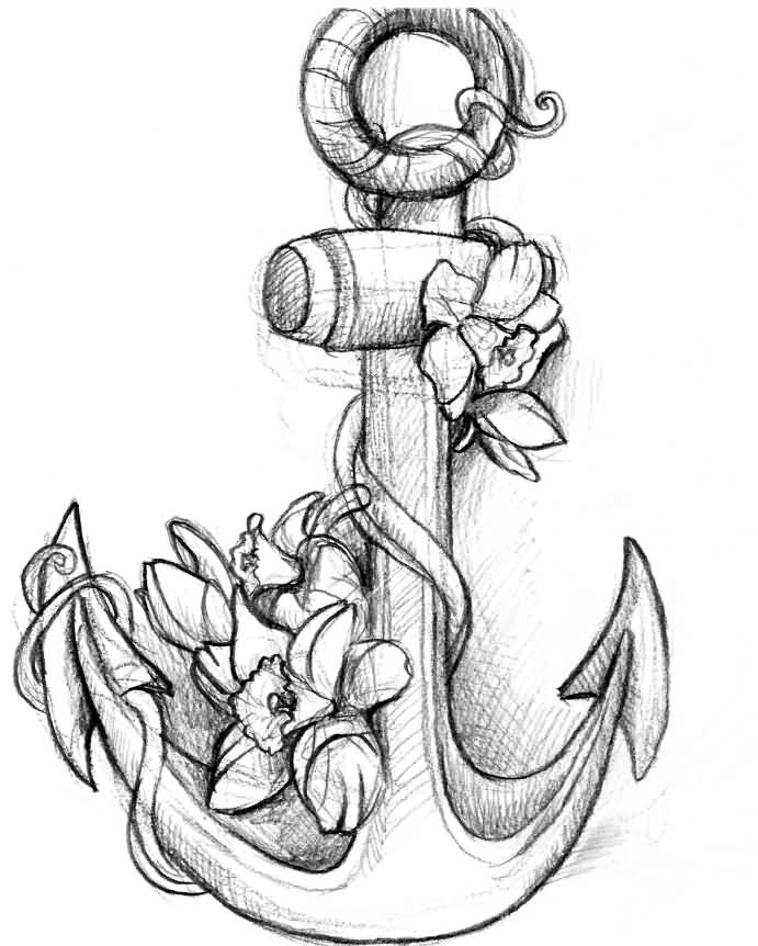 Cool Anchor With Flowers Tattoo Design By RikerCreatures