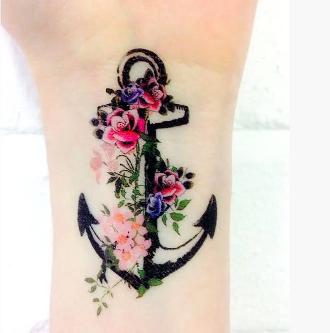 Cool Anchor With Flowers Tattoo On Women Wrist