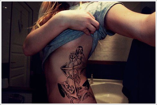 Cool Anchor With Mermaid Tattoo On Girl Left Side Rib