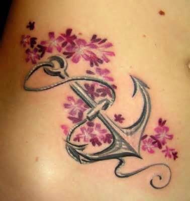 Cool Anchor With Rope And Flowers Tattoo Design For Girl
