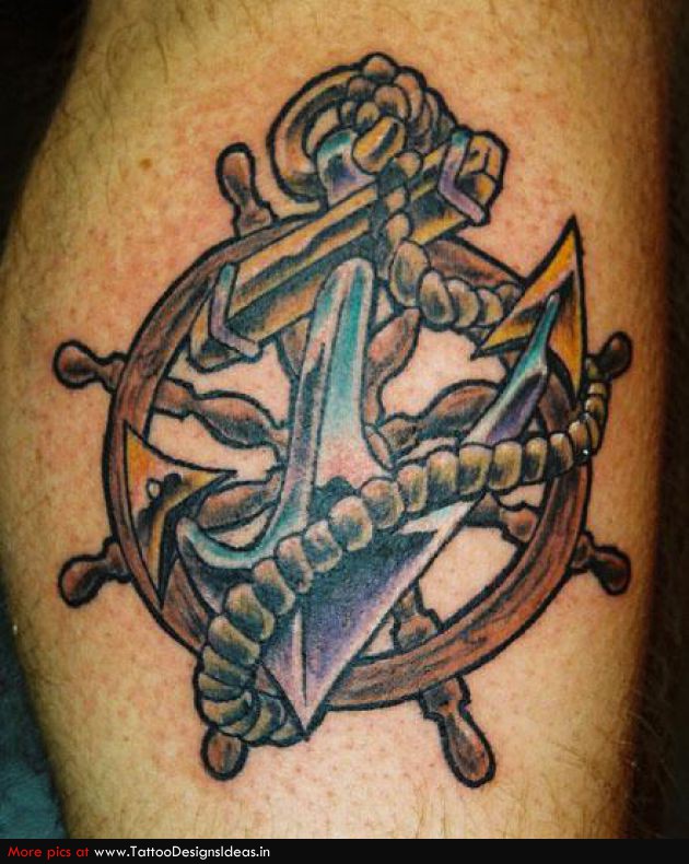 Cool Anchor With Rope And Ship Wheel Tattoo Design For Leg Calf