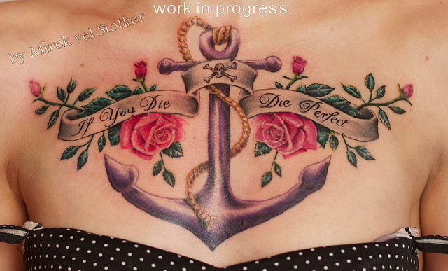 Cool Anchor With Roses And Banner Tattoo On Girl Collarbone