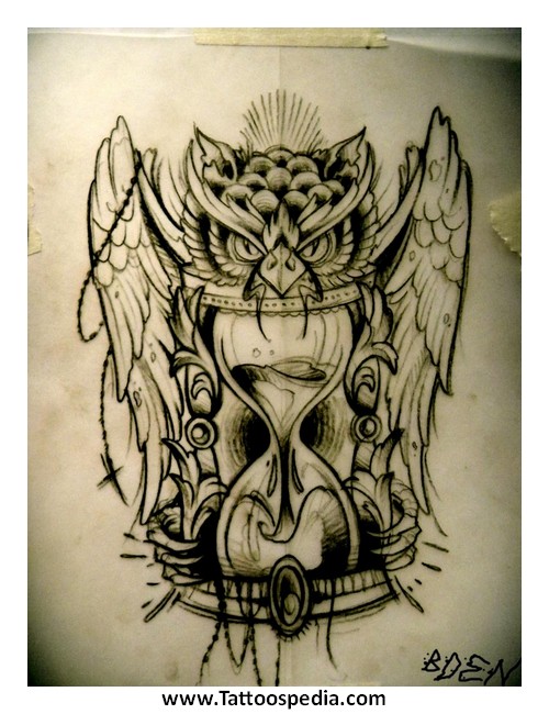 Cool Black And Grey Owl With Hourglass Tattoo Design