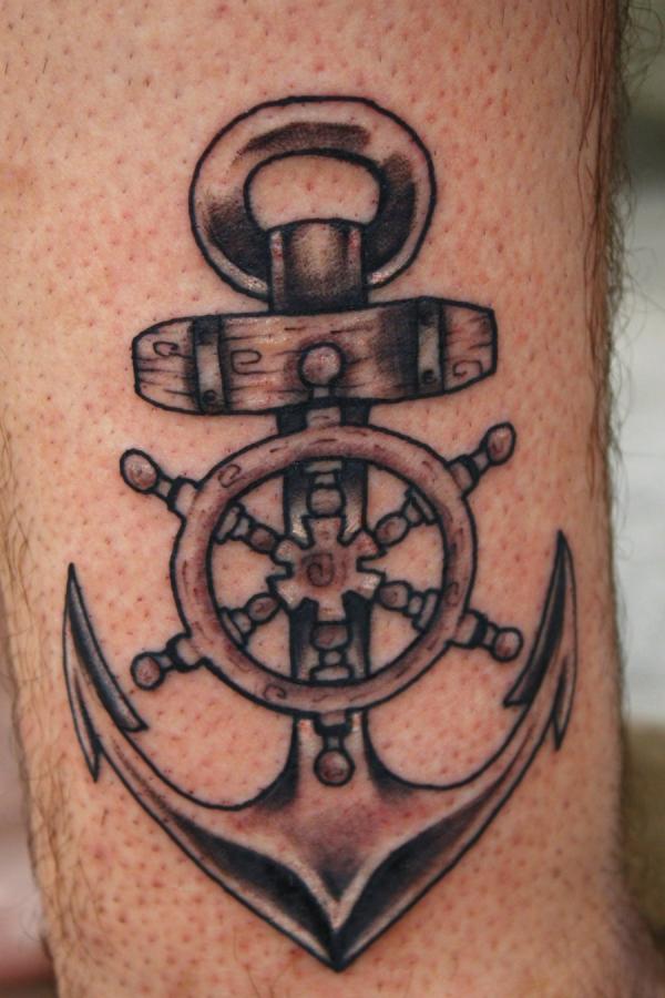 Cool Black Ink Anchor Cross With Ship Wheel Tattoo Design For Sleeve