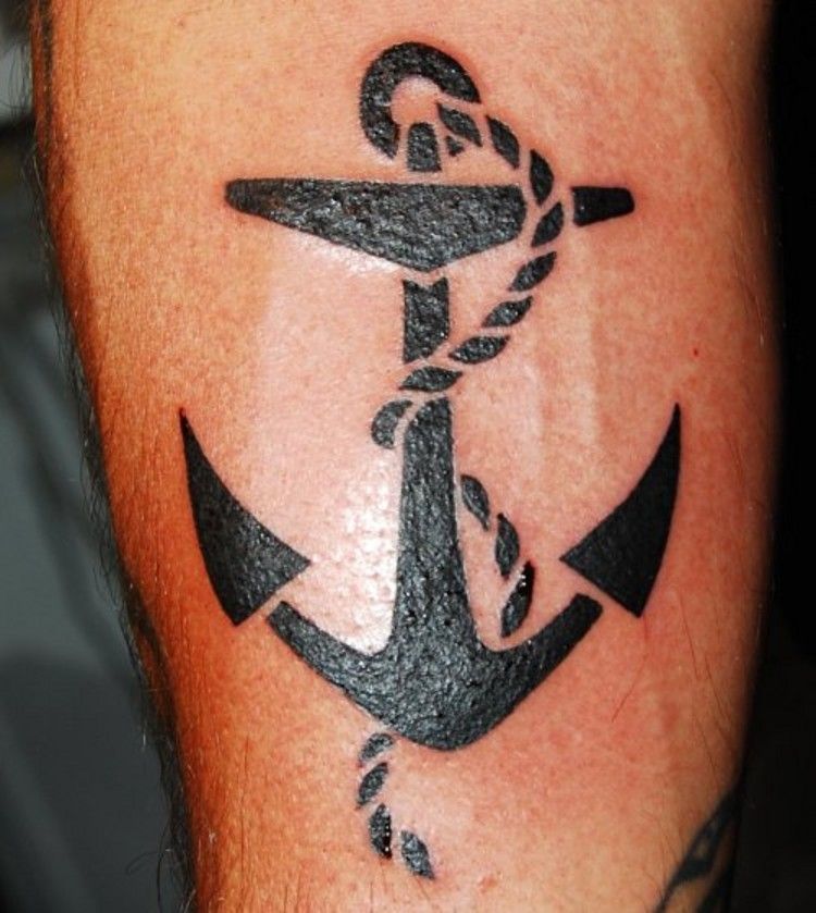 Cool Black Ink Anchor Tattoo Design For Men Sleeve