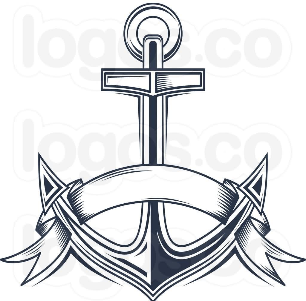 Cool Black Ink Anchor With Banner Tattoo Stencil