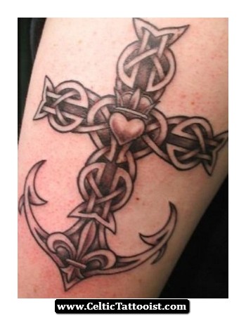 Cool Black Ink Celtic Cross Anchor Tattoo On Left Shoulder