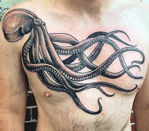 Cool Black Ink Octopus Tattoo On Man Chest